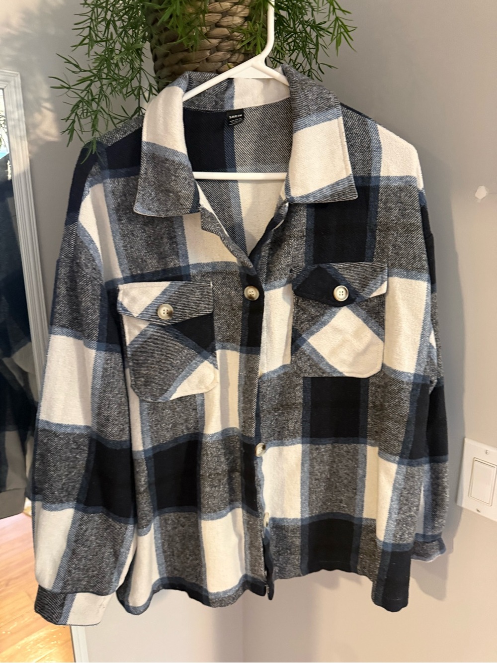 SHEIN Black, White & Blue Plaid Kids Button Jacket